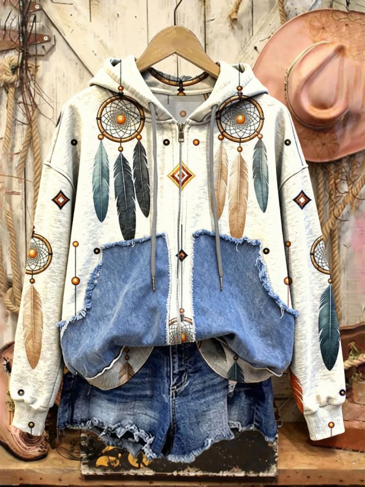 Retro Print Casual Cotton Patchwork Hooded Zip-up Sweatshirt