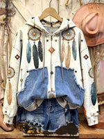 Retro Print Casual Cotton Patchwork Hooded Zip-up Sweatshirt