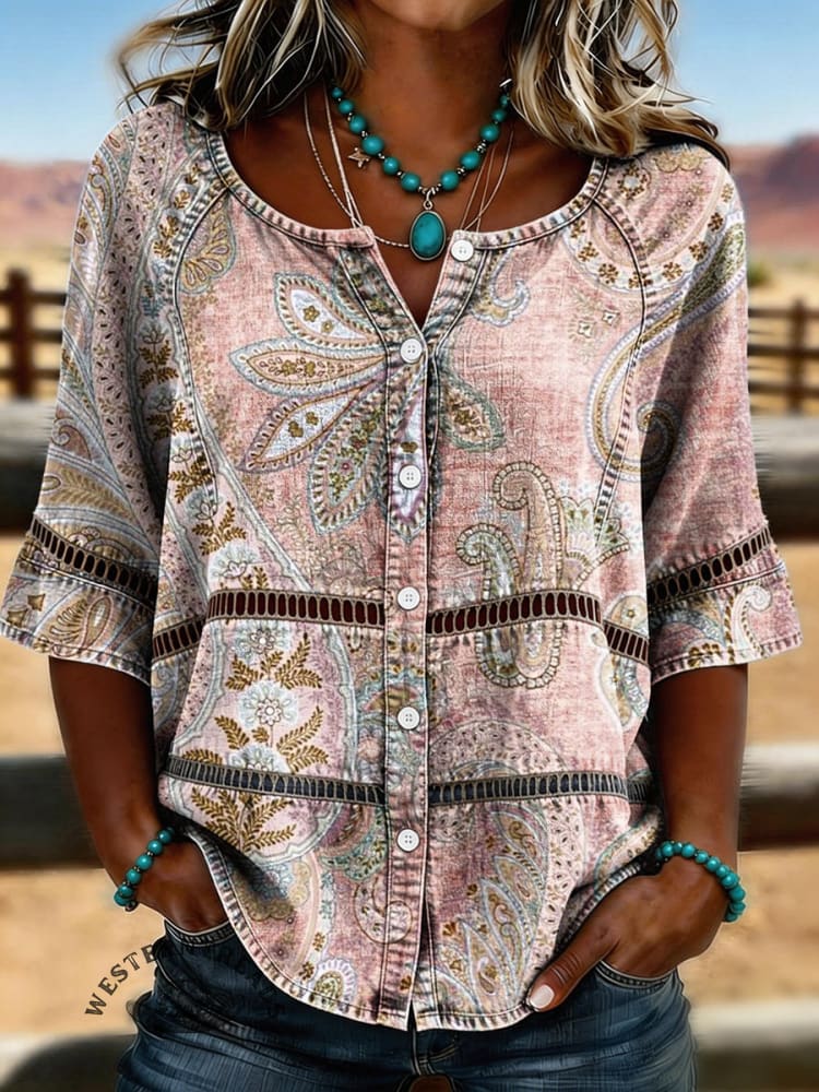 Women's Vintage Floral Print Casual Hollow-Out Denim Shirt