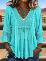 Cool & breathable fabric🍃Vintage Art Hollowed Out Lace Patchwork Shiny Shirt