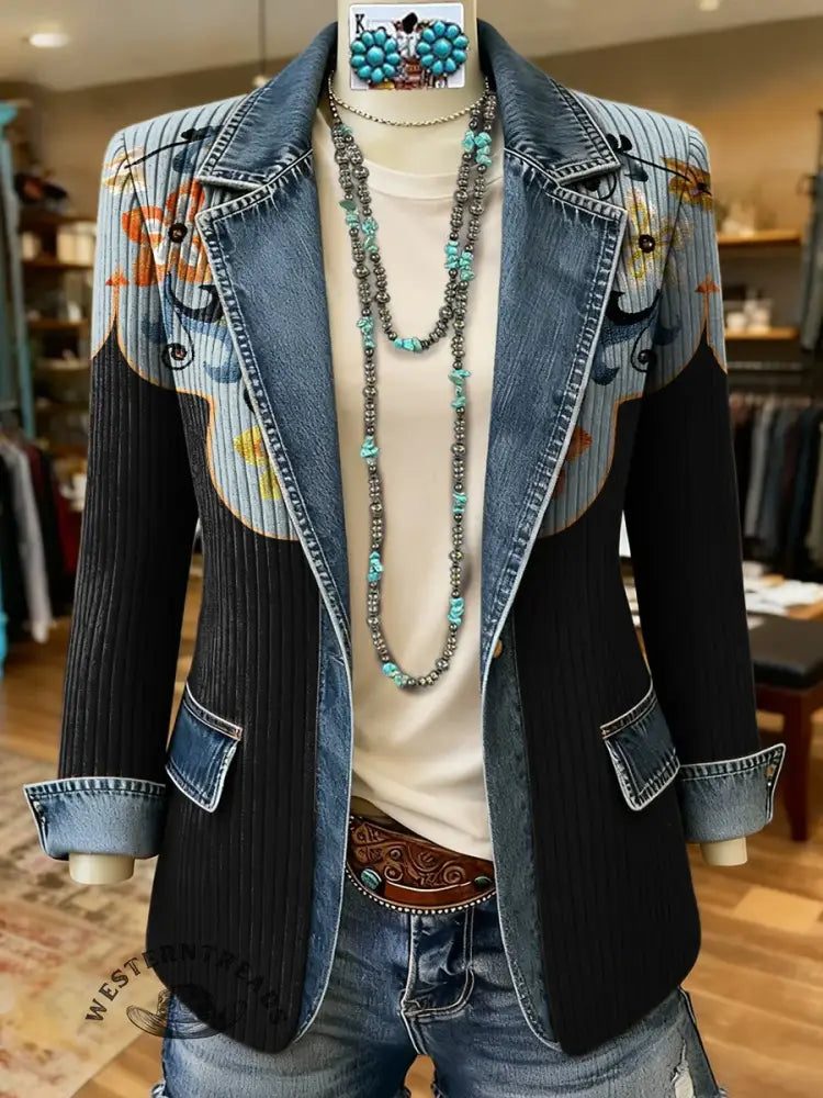 Retro Horseshoe Floral Pattern Print Patchwork Denim Sweater Cardigan Coat