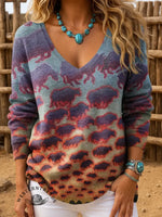 Vintage Western Bull Art Print Casual V-neck Sweater