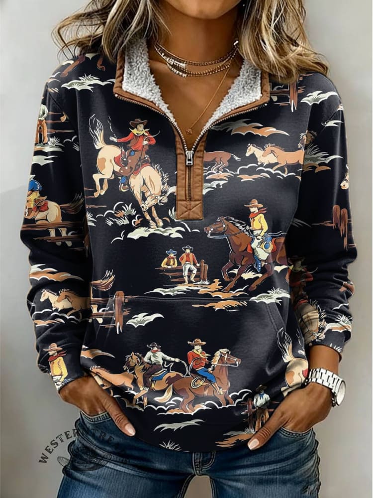 Classic West Print Casual Half-zip Cotton Sweatshirt