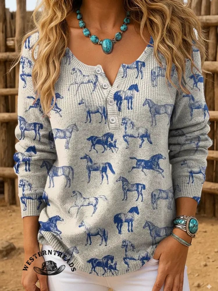 Women's Retro Horse Art Print Henley Neck Sweater Top