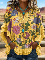 Vintage ArtPatchwork Hollow Design Cotton And Linen Shirt