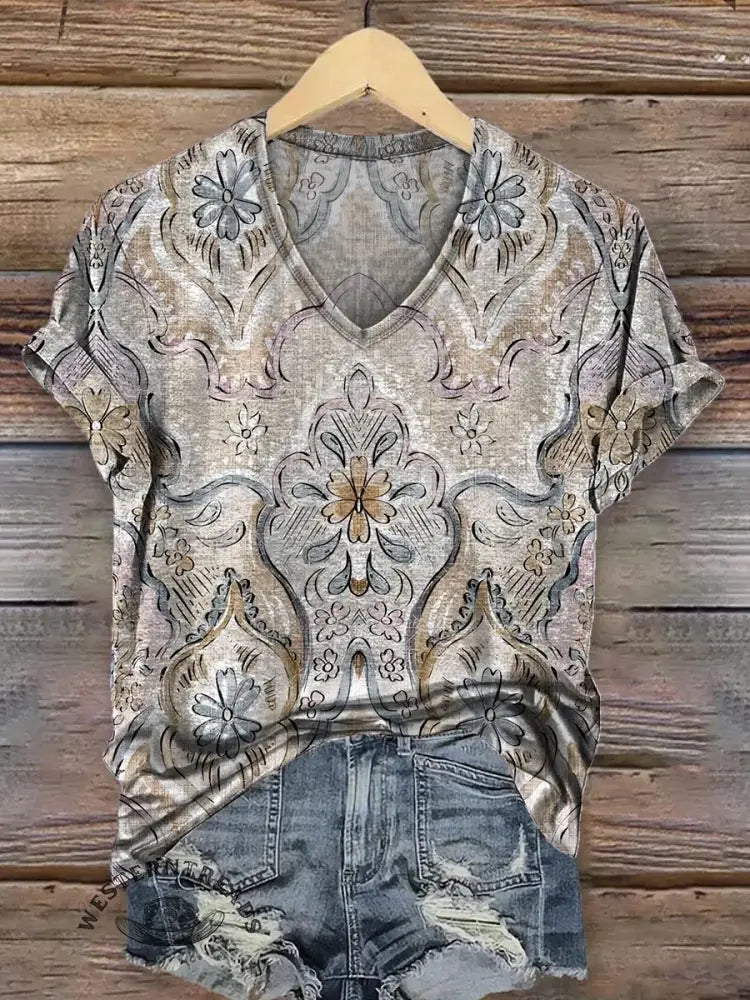 Retro Floral Print V-neck T-shirt
