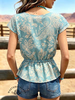 Women's Vintage V-neck Pleated Waist Patchwork Chiffon Casual Shirt