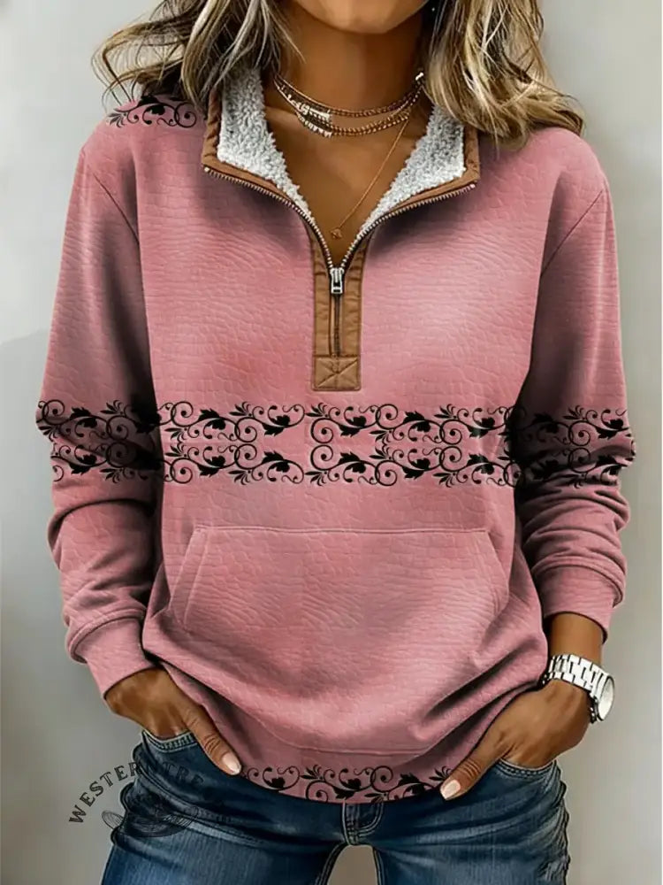 Vintage Art Print Casual Half-zip Cotton Sweatshirt