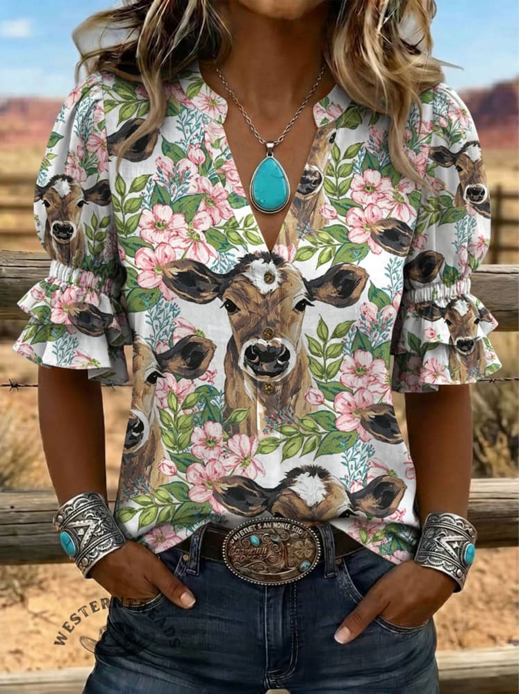 Women's Floral Cow Print Puff Sleeve Casual Shirt