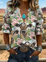 Women's Floral Cow Print Puff Sleeve Casual Shirt