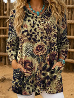Vintage Leopard Flower Art Print Casual Knitted Pocket Hooded Tunic Top