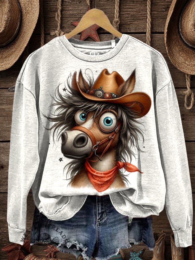 Western Horse Art Print Casual Cotton Sweatshirt