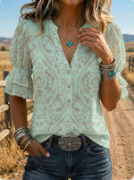 Women's Retro Floral Puff Sleeve Casual Shirt