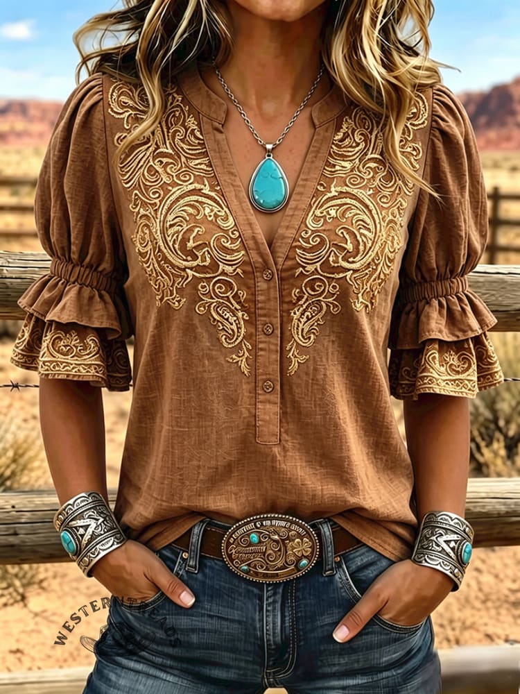Women's Vintage Art Print Puff Sleeve Casual Shirt