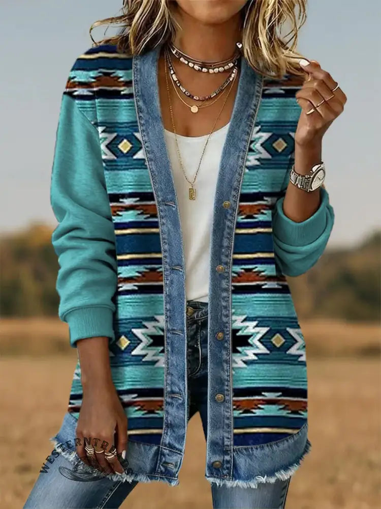 Vintage Aztec Art Print Casual Cotton Patchwork Denim Coat
