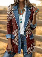 Vintage Aztec Art Print Patchwork Denim Coat