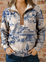 West Print Casual Half-zip Cotton Sweatshirt