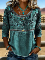 Women's Vintage Floral Print Casual Hollow Denim Shirt