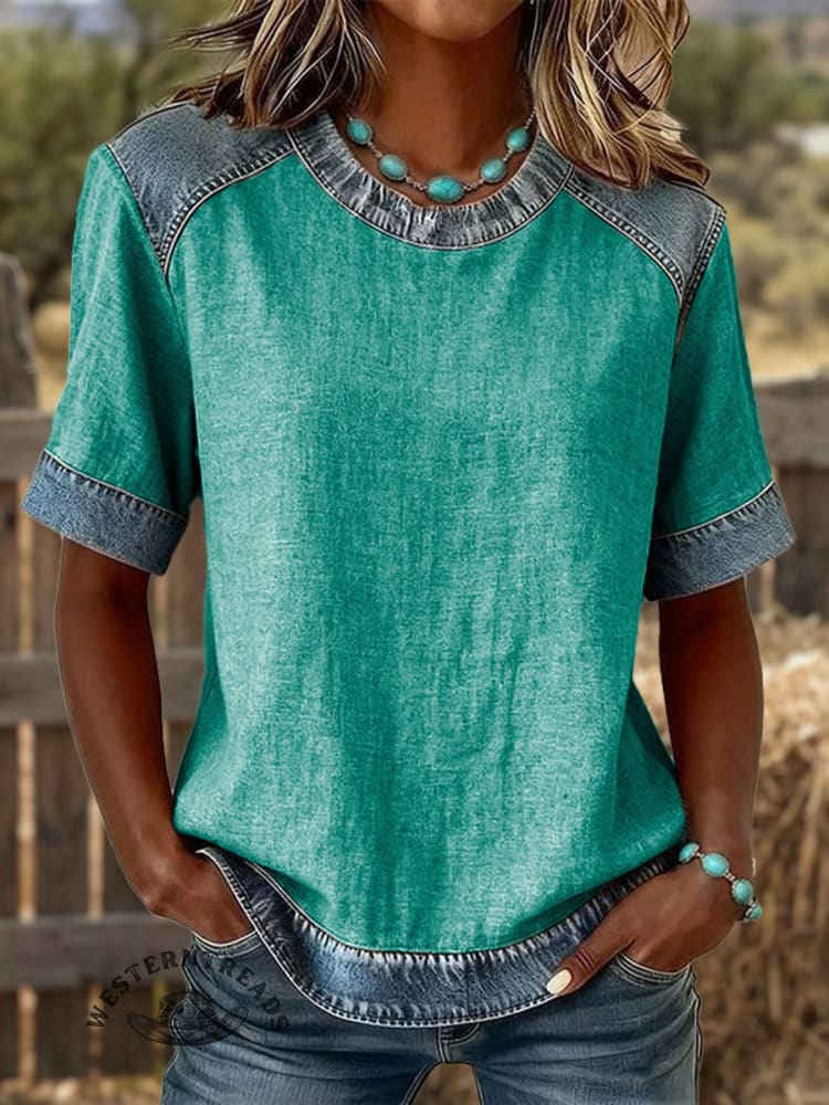 Vintage Western Flowers Art Print Soft Patchwork Denim Casual Shirt