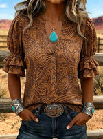 Women's Paisley Print Puff Sleeve Casual Shirt