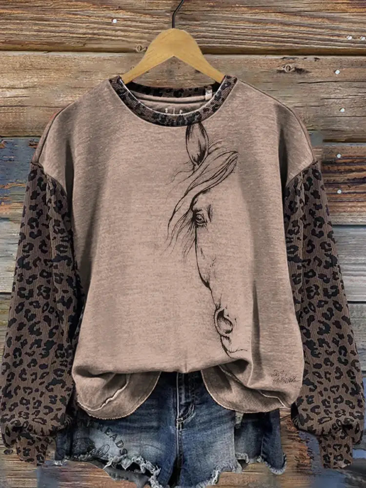 Retro Horse Print Casual Cotton Leopard Print Sweatshirt