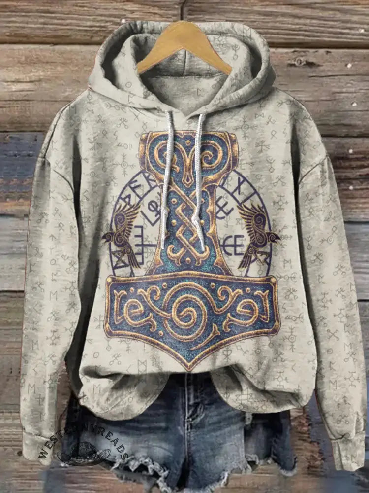 Vintage Art Print Casual Cotton Hooded Sweatshirt