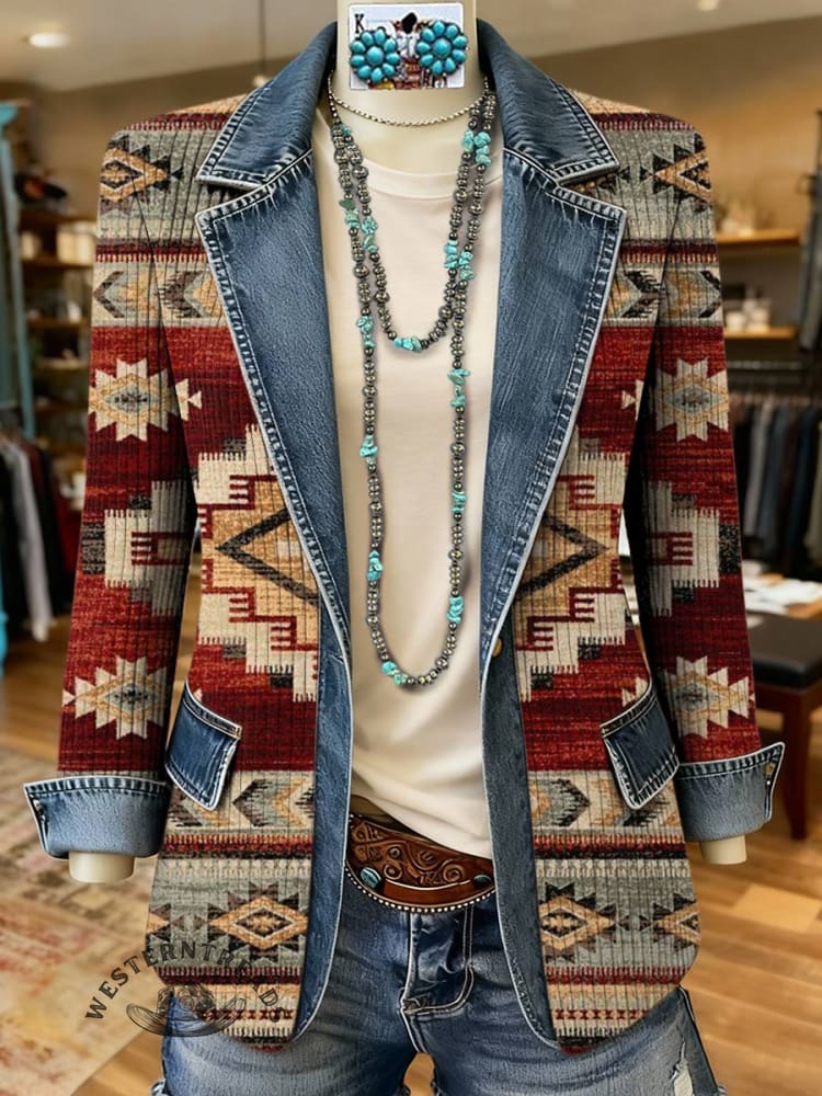 Aztec Print Patchwork Denim Sweater