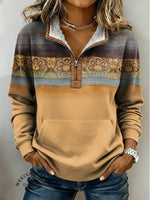 Casual Retro Art Print Half-Zip Cotton Sweatshirt