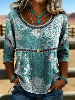 Women's Vintage Print Casual Hollow Denim Shirt