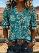 Women's Paisley Print Puff Sleeve Casual Shirt