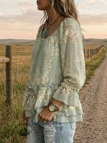 Vintage Floral Art Print Casual Ruffle Shirt