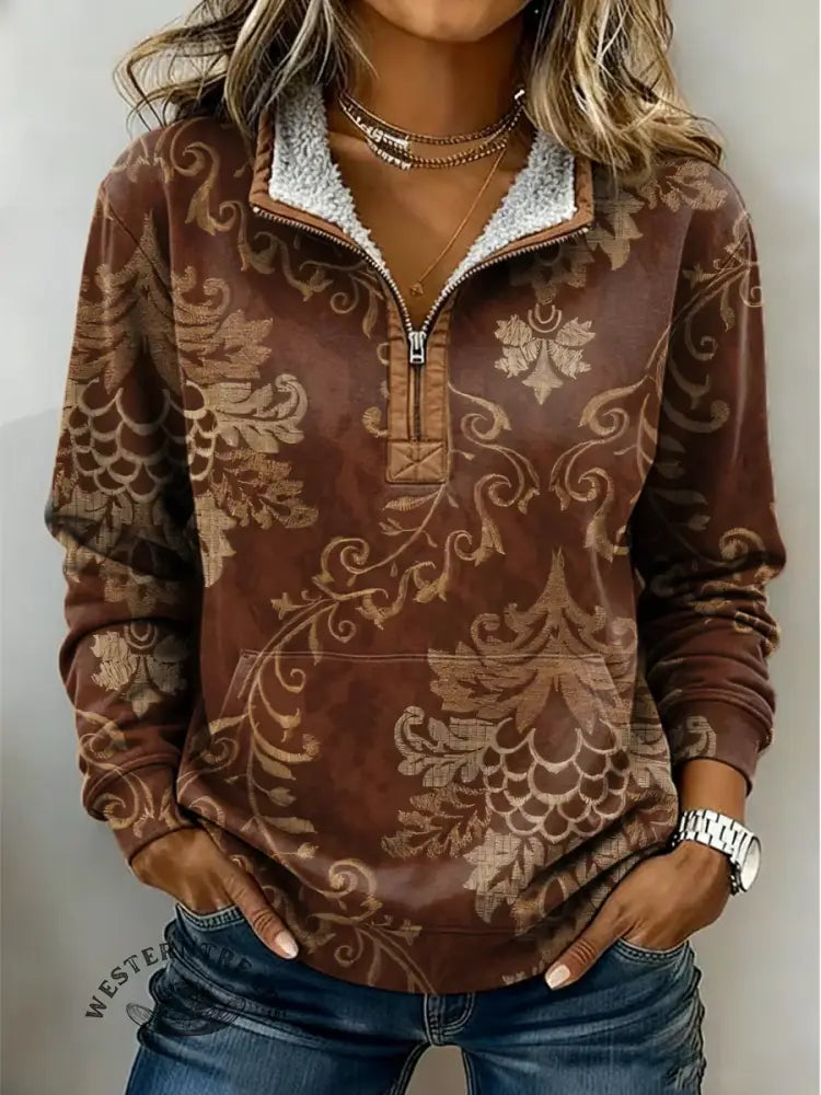Retro Floral Print Casual Half-zip Cotton Sweatshirt