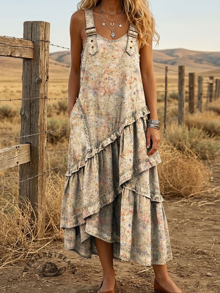 Vintage Floral Print Sleeveless Multi-layered Ruffled Strap Dress