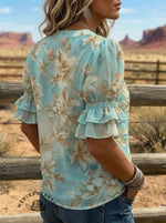 Vintage Floral Art Print V-neck Puff Sleeve Ruffle Shirt