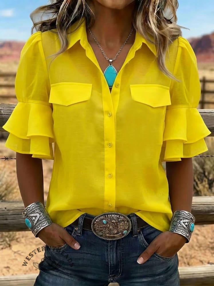 Women's Retro Lapel Puff Sleeve Ruffle Casual Shirt