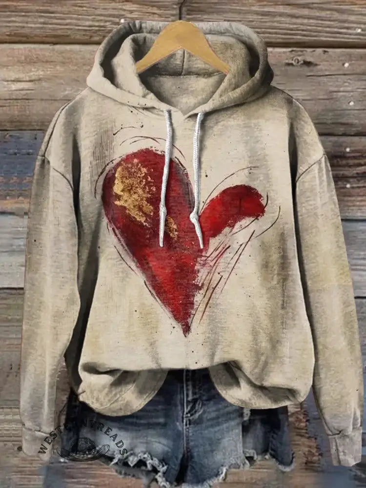 Vintage Heart Art Print Casual Cotton Hooded Sweatshirt