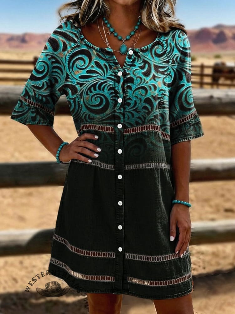 Vintage Print Casual Hollow-Out Denim Dress
