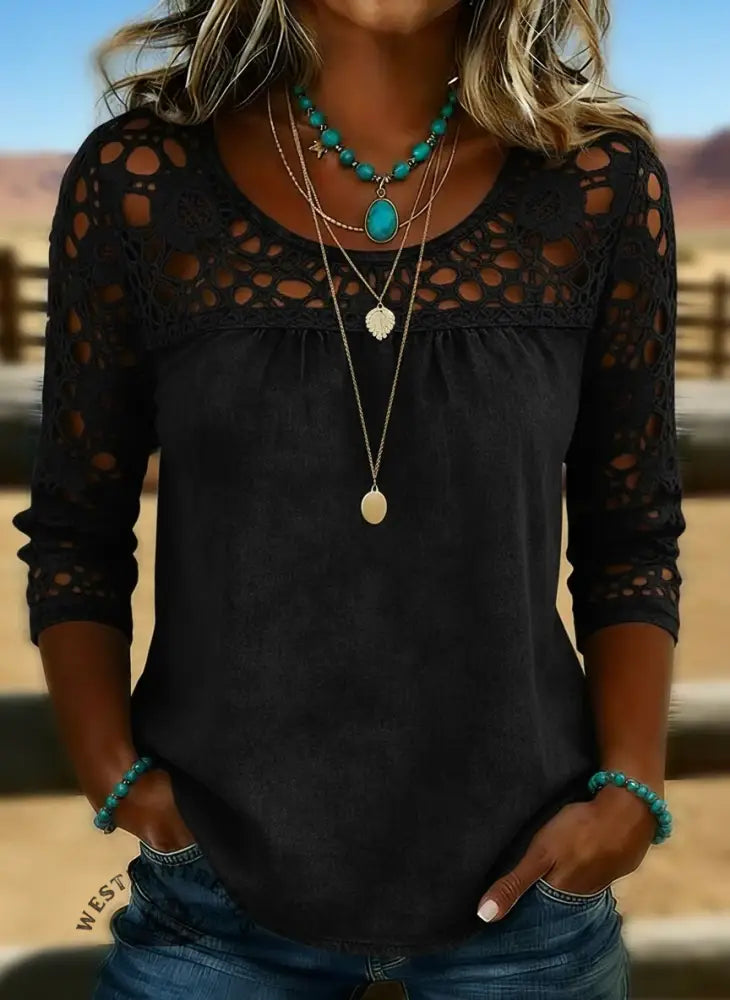 Women's Solid Color Casual Loose Lace Denim Shirt