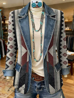 Aztec Print Patchwork Denim Sweater