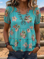Women's Vintage Floral Print Casual Chiffon Puff Sleeve Pleated Shirt