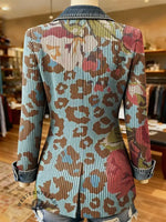 Leopard Flower Art Print Patchwork Denim Sweater Cardigan Coat