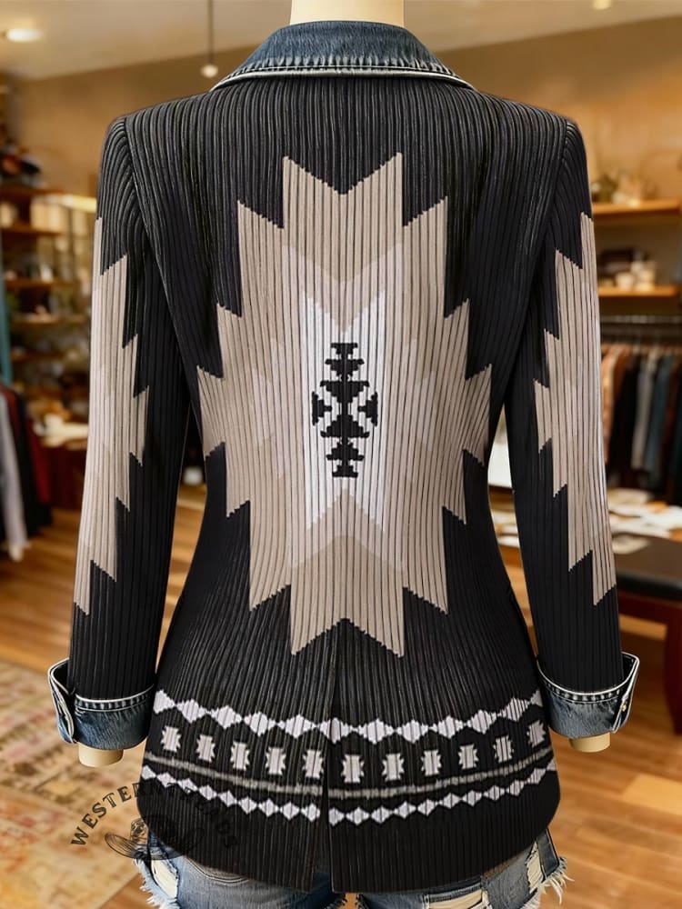 Aztec Print Patchwork Denim Sweater