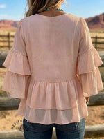 Tie-Front Ruffle Blouse • Tiered Bell Sleeve Boho Top