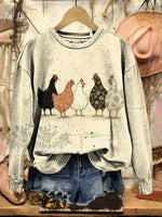 Vintage Chicken Art Print Casual Cotton Sweatshirt