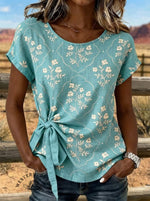 Retro Floral Art Tie Cotton Linen T-shirt