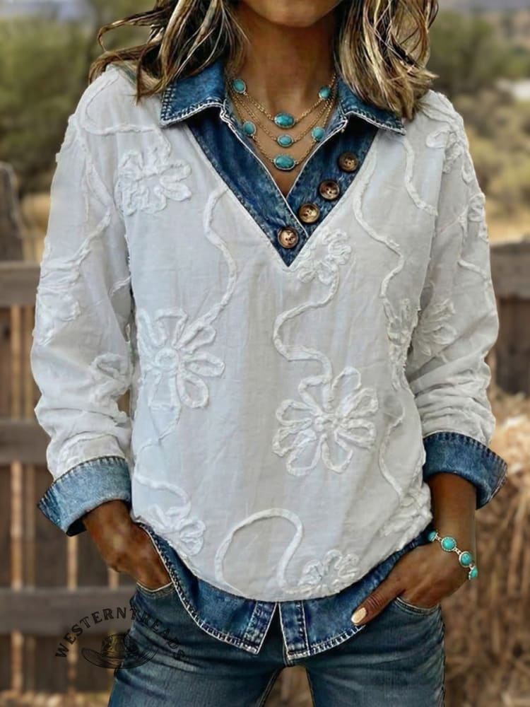 Vintage Embroidered Flowers Patchwork Denim Sweatshirt