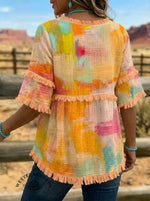 Vintage Floral Pattern Print Patchwork Cotton And Linen Shirt