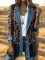 Retro Totem Art Print Patchwork Denim Sweater Cardigan Coat