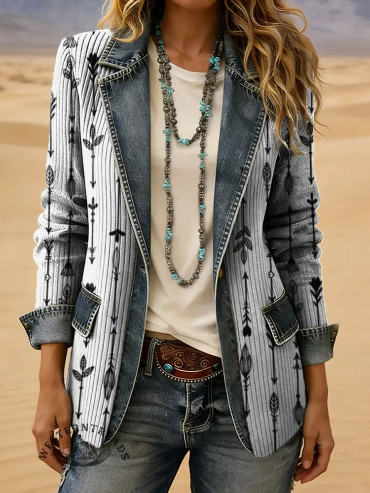 Art Print Patchwork Denim Sweater Cardigan Coat
