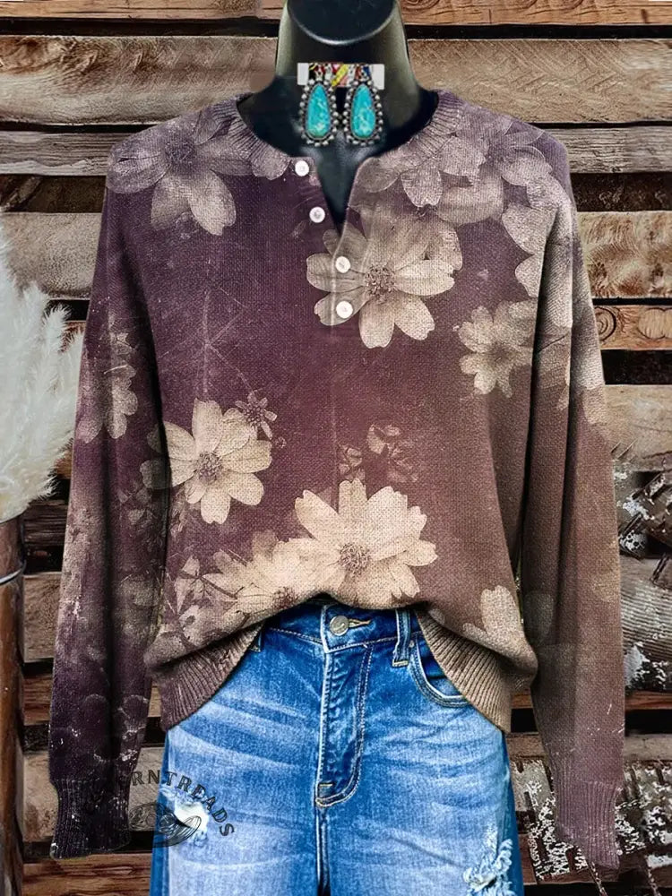 Retro Floral Print Buttoned Cardigan Sweater